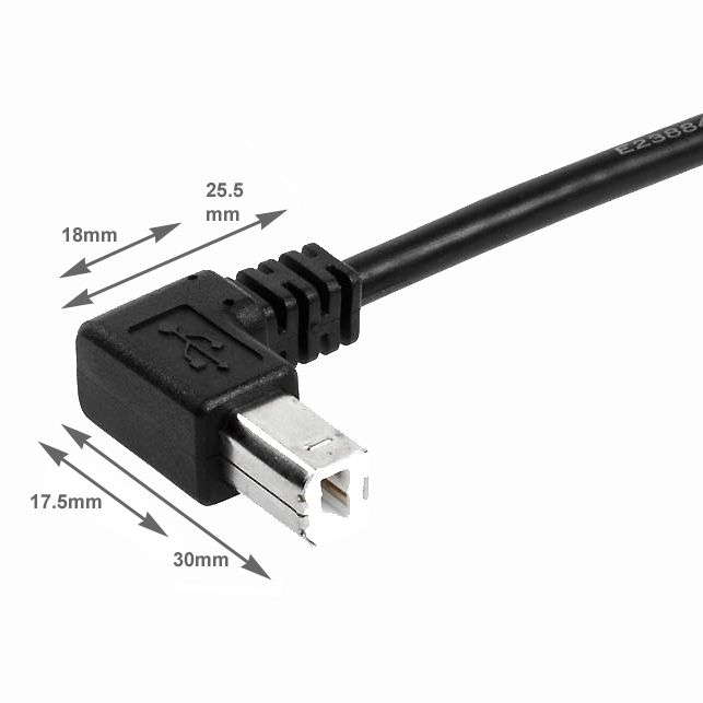 USB 2.0 Kabel mit extra kleinem B-Winkelstecker 90° NACH UNTEN 30cm
