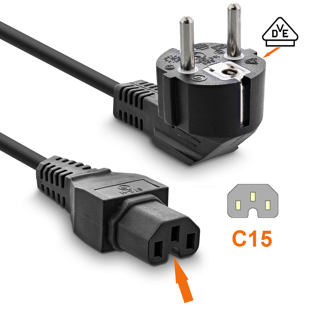 Warmgerätekabel Typ E/F (90°) auf IEC 60320 C15, 3×1,0 mm², 1m