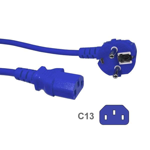 Kaltgerätekabel BLAU mit Schutzkontakt-Stecker CEE 7/7 90°-WINKEL an C13 - 5m