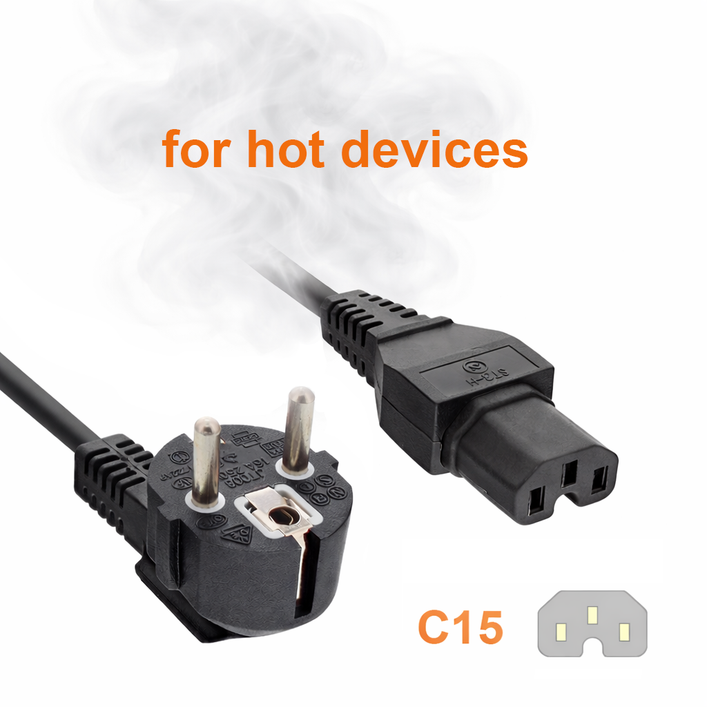 Warmgerätekabel Typ E/F (90°) auf IEC 60320 C15, 3×1,0 mm², 5m