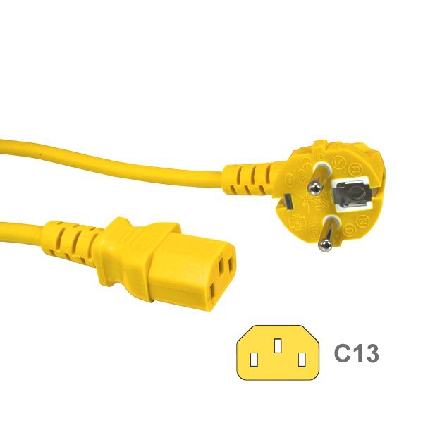 Kaltgerätekabel GELB mit Schutzkontakt-Stecker CEE 7/7 90°-WINKEL an C13 - 5m