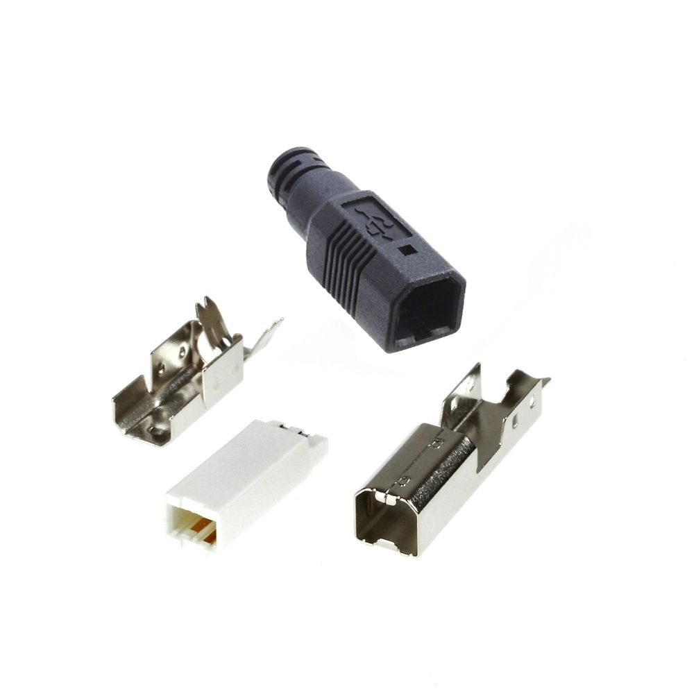 USB 2.0 Stecker Typ B mit schwarzer Kunststoffhaube zum Löten