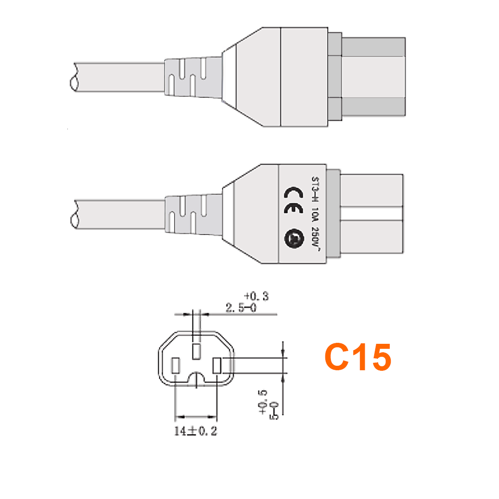 Netzkabelverlängerung C15 Warmgerätestecker auf C14, 50cm