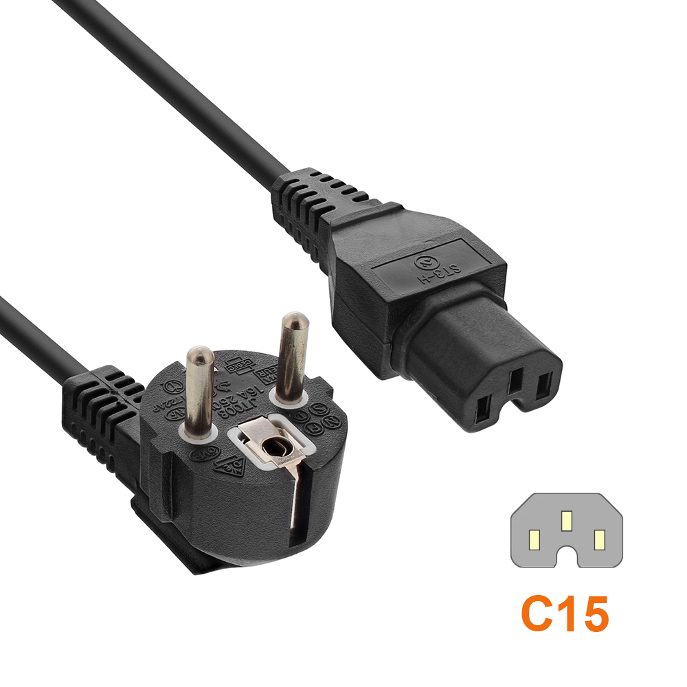 Warmgerätekabel Typ E/F (90°) auf IEC 60320 C15, 3×1,0 mm², 1.8m
