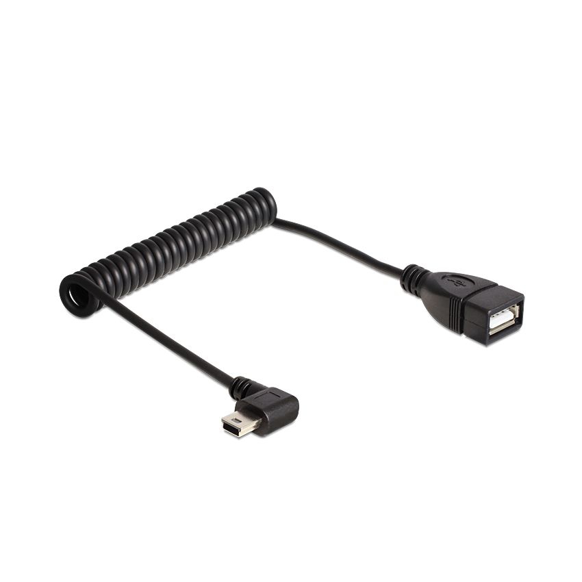 USB-Spiralkabel Mini-B 90° nach LINKS gewinkelt an A-Buchse 28-55cm (OTG)