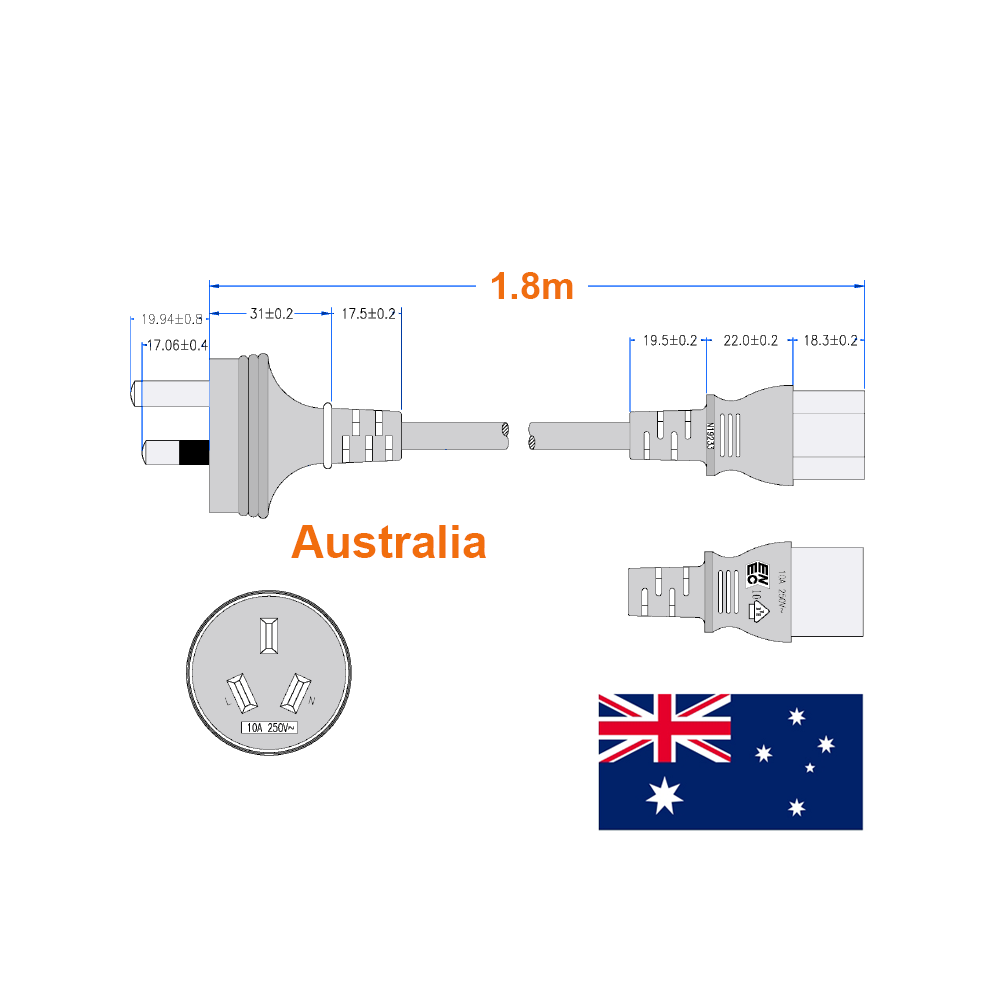 Kaltgerätekabel Stromkabel Netzkabel AUSTRALIEN 180cm